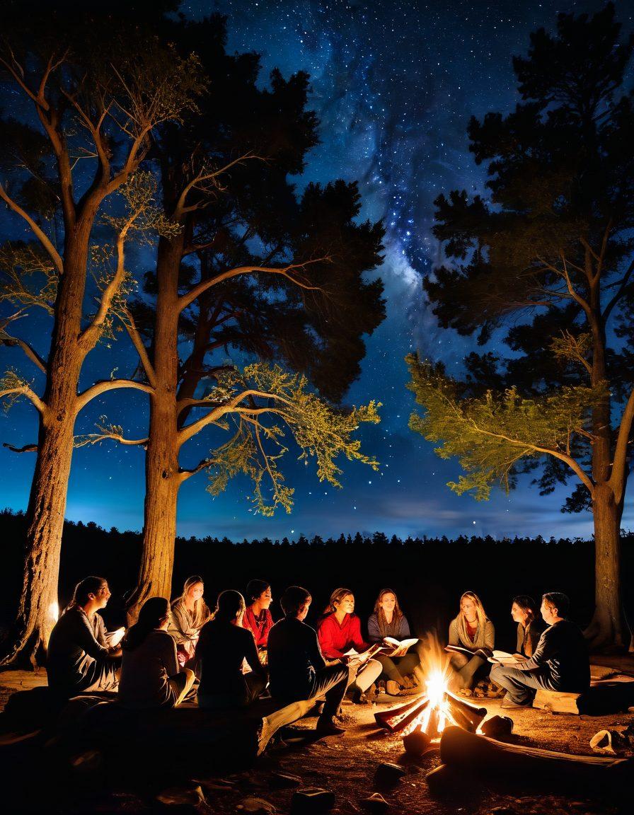 A diverse group of people sitting around a vibrant campfire, sharing stories and laughter, with books and laptops open, showcasing a sense of community and inspiration. A night sky filled with stars above and soft glowing lanterns hanging from trees, creating a warm and inviting atmosphere. The campers' expressions show joy and connection as they engage with Ammy's insights. super-realistic. warm colors. night scene.