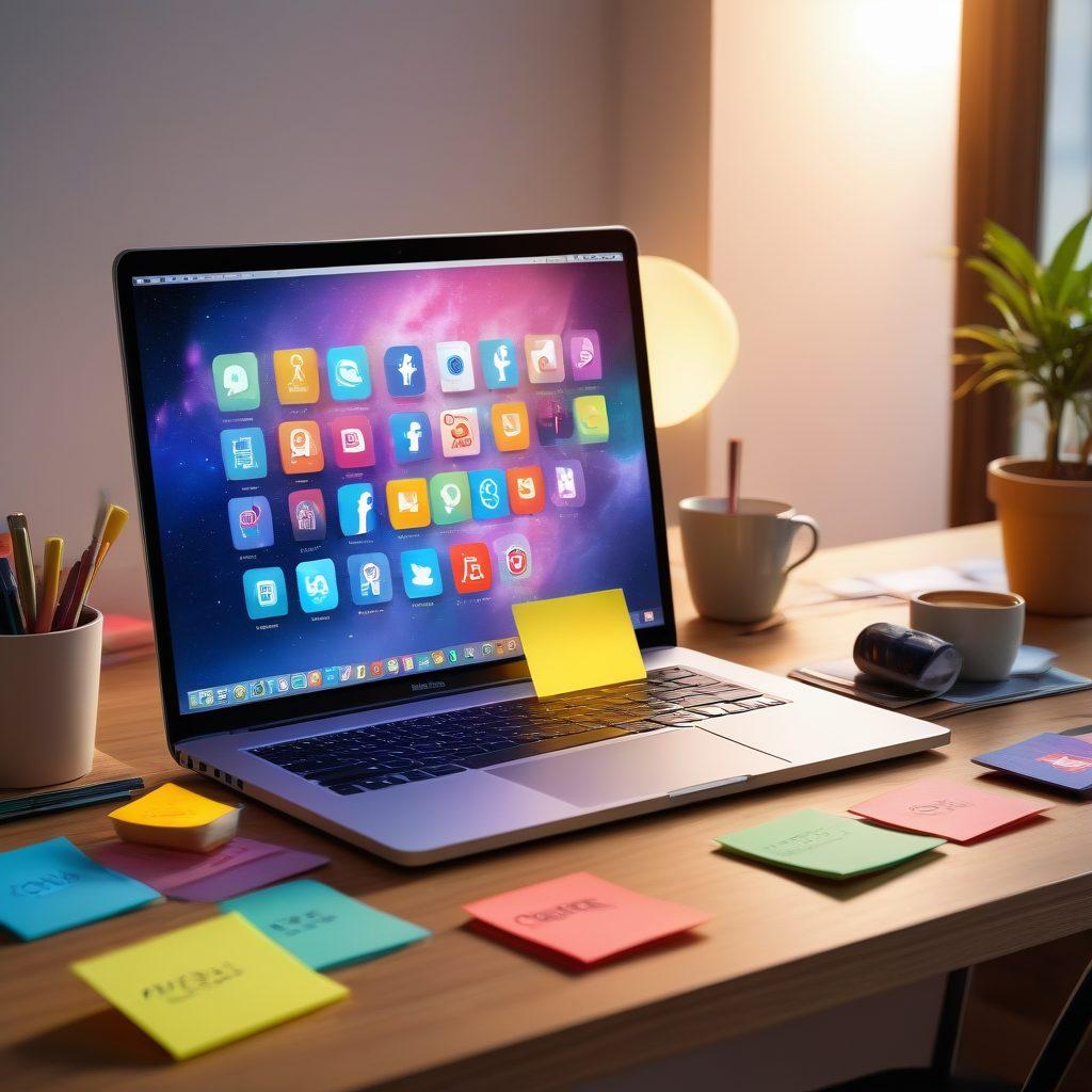 A modern workspace with a laptop open on a desk showcasing vibrant writing tips, surrounded by colorful sticky notes and a coffee cup, with a glowing digital globe in the background symbolizing online presence. The atmosphere is creative and inviting, featuring elements of digital connectivity like icons of social media platforms. super-realistic. vibrant colors. 3D.