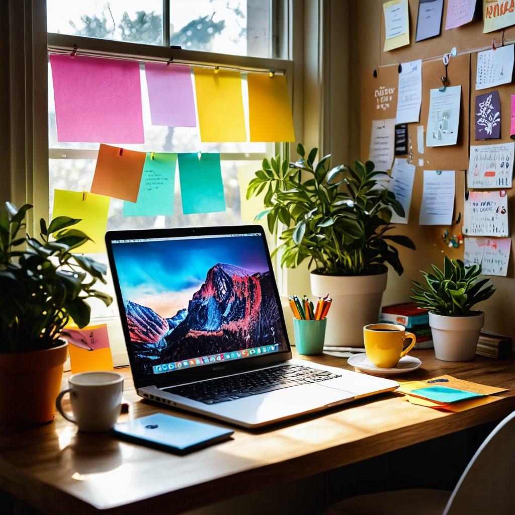 A whimsical workspace featuring an open laptop with a glowing screen displaying vibrant blog ideas, surrounded by colorful sticky notes and art supplies. A steaming cup of coffee sits beside a potted plant, with sunlight streaming through a window, casting playful shadows. Inspirational quotes hang on the walls, and a cozy atmosphere invites creativity. super-realistic. vibrant colors. warm tones.